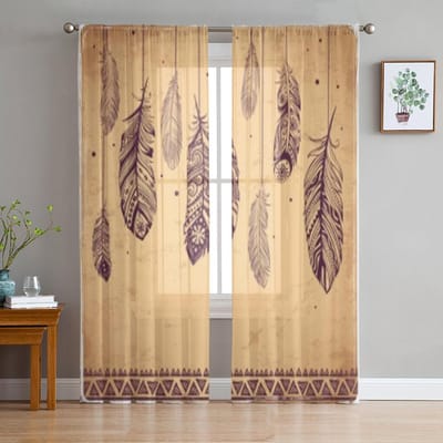 Prachtige Illustratie Van Veren Transparant Gordijn Voor Woonkamer Modern Voile Tule Raamgordijnen Voor Slaapkamer Keuken Gordijnen 135W x 114H(cm) beige