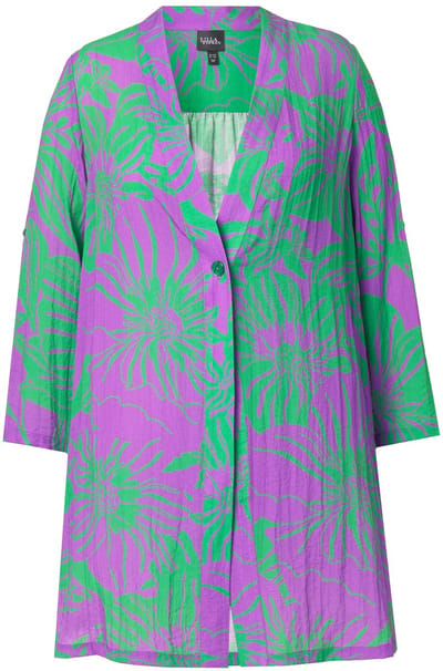 Ulla Popken - Dames - Blouse-jasje bloemen V-hals lange mouwen - Paars - Maat 54+