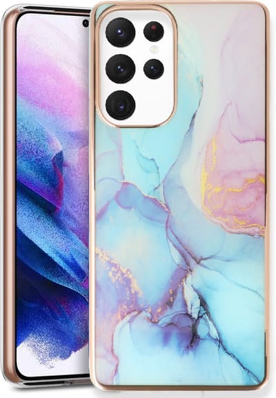 Casemania Hoesje Geschikt voor Samsung Galaxy S23 Ultra Blauw - Siliconen Marmer Back Cover
