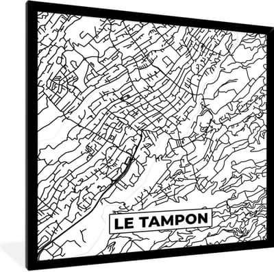 Fotolijst incl. Poster Zwart Wit- Stadskaart - Plattegrond - Kaart - Frankrijk - Le Tampon - Zwart wit - 40x40 cm - Posterlijst