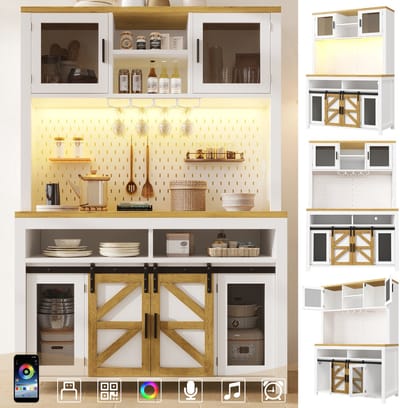 Keukenkast - Hoge Kast met USB-Aansluiting en LED Verlichting - Multifunctioneel met Groot Werkblad voor Keuken en Eetkamer - Wit