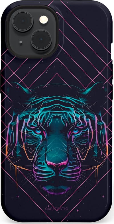 Casetastic hoesje geschikt voor Apple iPhone 15 - MagSafe - Dubbellaagse bescherming - Neon Tijger - Fashion Case - Donkerblauw