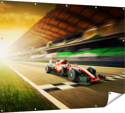 Gards Tuinposter Formule 1 Auto bij de Finish in het Rood - 160x120 cm - Tuindoek - Tuindecoratie - Wanddecoratie buiten - Tuinschilderij