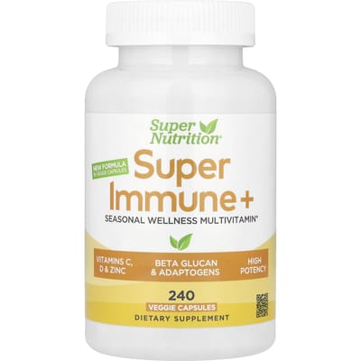 Super Nutrition, Super Immune+ multivitamine, super adaptogeen, groene groenten, specerijen, antioxidanten, 240 plantaardige capsules