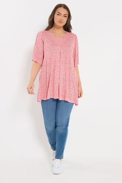 Yours Rode Geplooide Top Met Bloemenprint Aan De Voorkant Size 50-52