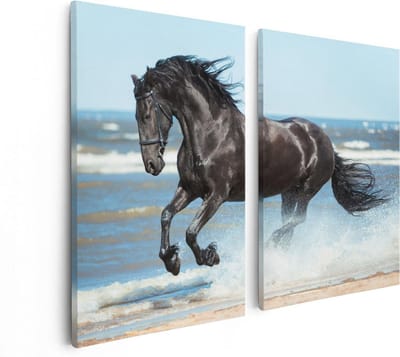 Artaza Canvas Schilderij Tweeluik Zwart Paard In Het Water - 80x60 - Foto Op Canvas - Canvas Print