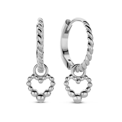New Bling - 9NB-1390 - bolletjes hart hoops oorbellen - 925 sterling silver - rhodium plated - 14mm