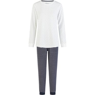 By Louise Dames Winter Pyjama Set Lang Badstof Wit/Donkerblauw Gestreept - Maat S