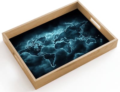 Dienblad hout 40x30 cm - Schootdienblad - Wereldkaart - Bliksem - Blauw - Borrelplank rechthoek - Plateau dienbladen