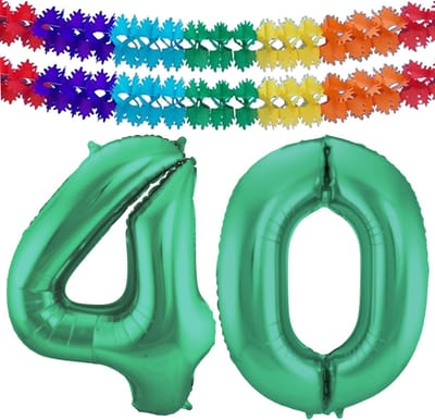 Folat Verjaardag Leeftijd folieballon - 40 jaar - groen - 86 cm - cijferballon groot - incl 2x feestslingers