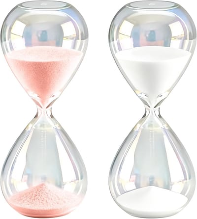Set van 2 Kleurige Zandlopers, 30 Minuten Timer, Decoratieve Uurglazen van Borosilicaatglas voor Thuis en Kantoor, 8 x 8 x 20 cm, Roze en Wit, Perfect voor Tijdbeheer en Interieurdecoratie