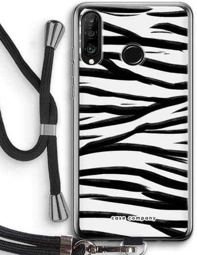 Case Company® - Hoesje met koord geschikt voor Huawei P30 Lite hoesje met Koord - Zebra pattern - Telefoonhoesje met Zwart Koord - Bescherming aan alle Kanten en Over de Schermrand