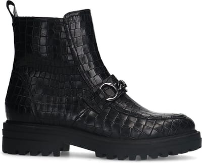No Stress - Dames - Zwarte leren boots met crocoprint en chain - Maat 38