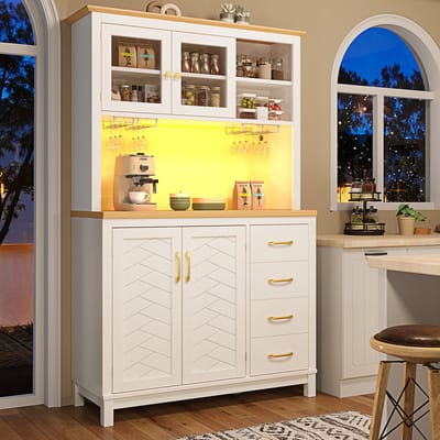 DESMIU Buffetkast - Met Ledverlichting En Grote Opbergruimte - Voor Keuken Woonkamer En Eethoek - MDF En Metaal - 105,5x40x180 Cm - Wit