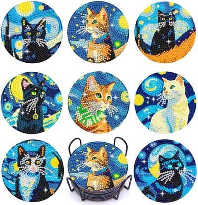 YYchan Onderzetters met houder-Diamond Painting-Set van 8 - Kurk-Sterrenhemel Kat- Hittebestendig voor Buiten & Binnen - Cadeau Tip