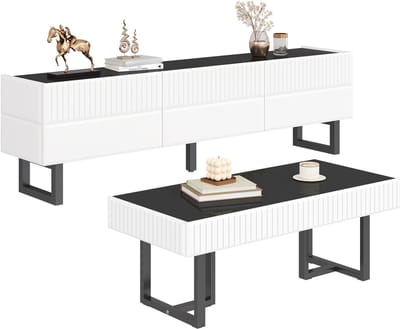 TV-Meubel - Lowboard En Salontafel Combinatie - Gestreept Ontwerp Met Opbergruimte - Onbekend - Zwart en Wit