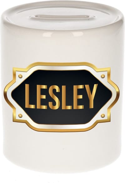 Spaarpot met voornaam Lesley - wit - met goud/zwart embleem - 8 x 9 cm - keramiek - met afsluitdop - cadeau verjaardag