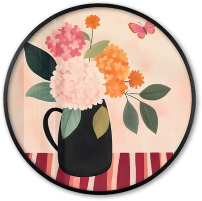 Poster in lijst Rond - Fotolijst 60x60 cm - Posters - Vaas - Bloemen - Vlinder - Rood - Ronde posterlijst zwart - Decoratie - Wanddecoratie woonkamer - Muurdecoratie slaapkamer