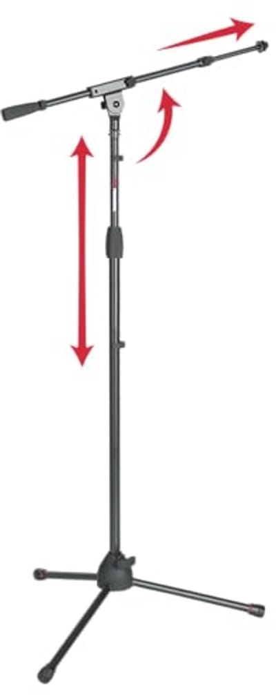 Gator Frameworks Driepoot Microfoonstatief met Soft Grip Twist Clutch, Boom Arm, en zowel 3/8" en 5/8" Adapters; Min/Max Hoogte - 6"/99" (GFW-MIC-2020), Zwart