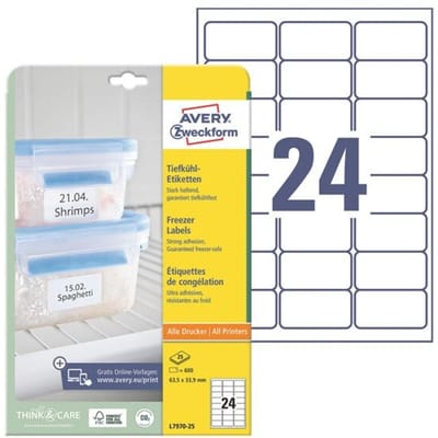 Avery-Zweckform L7970-25 Diepvriesetiketten 63.5 x 33.9 mm Papier Wit 600 stuk(s) Permanent hechtend Inkjet, Laser (zwart/wit), Laser (kleur),