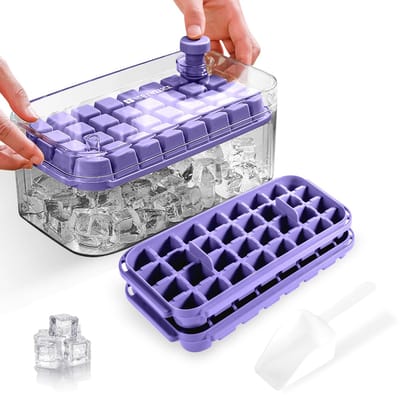 Unyqoos ® IJsblokjesvorm Set met Drukontgrendelingssysteem en Opbergbak voor 64 IJsblokjes