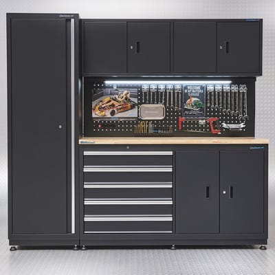 Datona® Werkbank - Werktafel met Kasten - Veelzijdige Opbergruimte - Staal & Eikenhout - 220 x 60 x 200 - Zwart
