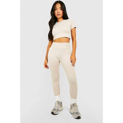 boohoo Dames Petite naadloze rib leggings | Steen | Maat: Large