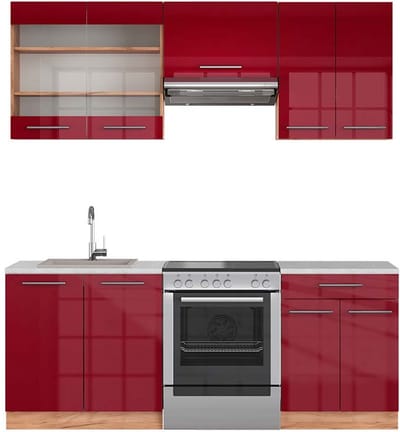 Vicco Fame-Line Complete keukeneenheid – 200 cm, WB Marmer Bordeaux hoogglans/gouden eik