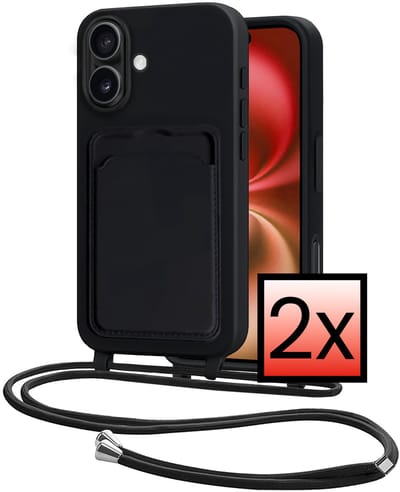 Hoes Geschikt voor iPhone 16 Plus Hoesje Pasjeshouder Cover Met Koord Case Siliconen Hoes Met Telefoonkoord en Kaarthouder - Zwart - 2 PACK