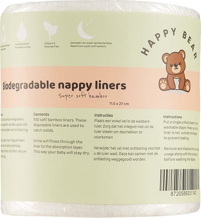 HappyBear | Inlegvellen Bamboe - 1 Rol (100 vellen) | 11,5cm x 27cm | Chloorvrij en biologisch afbreekbaar |Voor het opvangen van ontlasting in wasbare luiers | 100% zachte en stevige bamboe