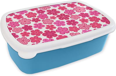 Broodtrommel Blauw - Lunchbox - Brooddoos - Bloemen - Roze - Patronen - 18x12x6 cm - Kinderen - Jongen