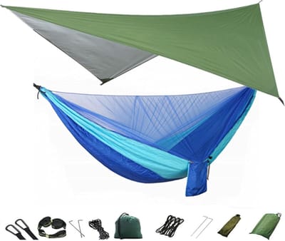 Hangmat met Klamboe - Kampeerhangmat Reis Hangmat - Ontspannen Buiten - Geïntegreerd Net Ontwerp - 290x140cm - Groen Lichtblauw