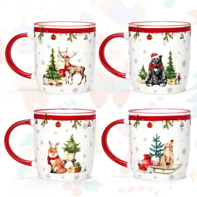 Kerst mokken - Themokken set - Warme dranken drinken - Feestelijk bosdieren design - 4 stuks 310ml - Multicolor