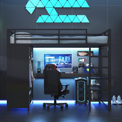 Komhtom Metalen gaming stapelbed 140x200 met ledverlichting, bureau, open kledingkast en opbergvakken, zwart