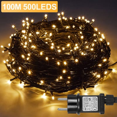 Rosnek LED Kerstverlichting Binnen/Buiten - 100M 500LEDs Warm Wit Lichtsnoer - met 8 modi, Timer & Geheugenfunctie - IP44 Waterdicht Kerstboomverlichting voor Tuin, Feest & Huis