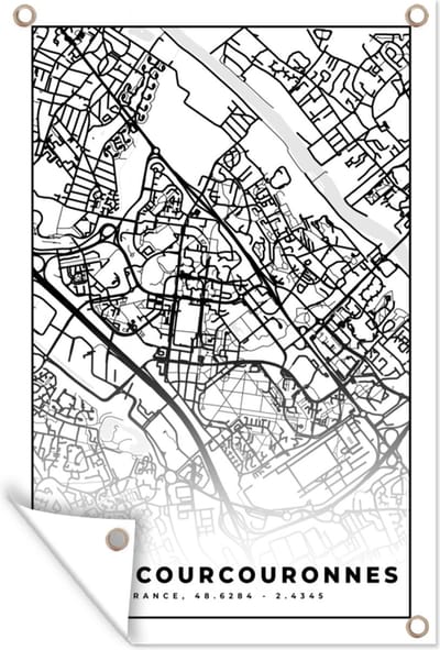 Muurdecoratie Stadskaart - Plattegrond - Évry-Courcouronnes - Kaart - Frankrijk - Zwart wit - 120x180 cm - Tuinposter - Tuindoek