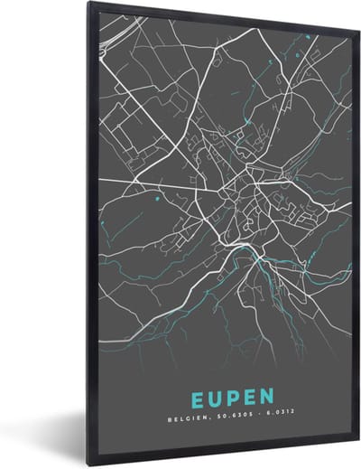 Fotolijst incl. Poster - Plattegrond – Eupen – Blauw – Stadskaart - Kaart - 40x60 cm - Posterlijst