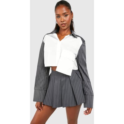 boohoo Dames Contrastmouwen Boxy Cropped Shirt | Grijs | Maat: 36