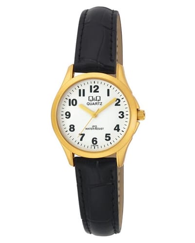 Q&Q C193J104Y - Horloge - Analoog - Vrouwen - Dames - Leren band - Rond - Metaal - Cijfers - Zwart - Goudkleurig - Wit