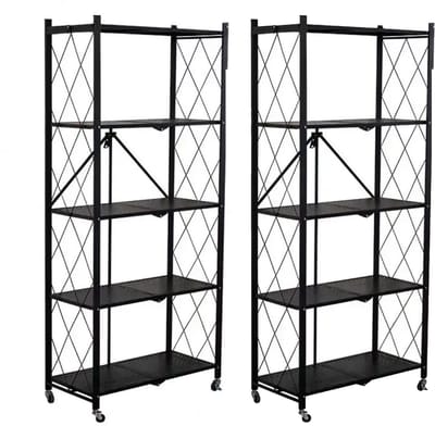 FOXSPORT Inklapbare stellingkast -5 plank kast - Opbergplanken - Met 360° wielen - 2 stuks - Open Vakkenkast - Keuken Opslag - Keuken Organizer - Stevig Opbergrek Magnetron - Keukenrek - Industrieel - 71.5x36.5x163cm - Zwart