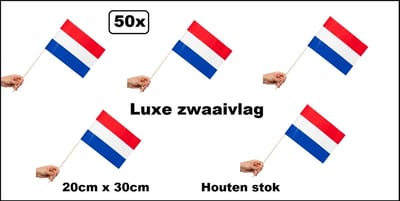 50x Zwaaivlaggetjes op houten stok Holland 20cm x 30cm - stok 50cm - Luxe zwaai vlaggetjes Koningsdag thema feest voetbal festival uitdeel