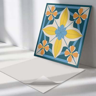 Wallfluent Vinyl Tegels - Bloemen Geruit Patroon Zelfklevende Vinyltegels - 20 cm x 20 cm - Marine Vinyl Tegels - 20 stuks - Vierkant PVC Tegels - Patroon Plaktegels - Vloer Tegels PVC - Plaktegels Keuken en Badkamer