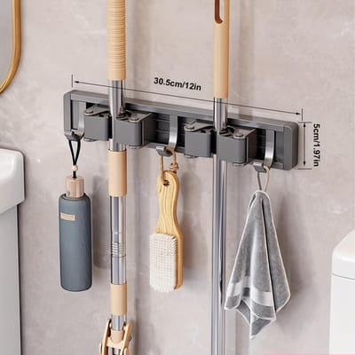 Robuuste metalen dweil- en bezemhouder met verstelbare haken, wandgemonteerde organizerplank voor thuis, keuken, tuin, wasruimte en garage