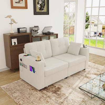 MODENUIT 2-Zitsbank 172 Cm - Met Opberglades, Usb-Aansluitingen En Bekerhouders - Voor Woonkamer - Chenille Beige