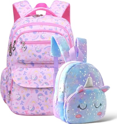 Ultiluxe® Schooltas met unicorns 2 stuks - Roze/lila/paars - Rugzak voor meisjes - Kleine velvet eenhoorn rugtas - Schoolrugzak voor kinderen - Zilveren sterrenprint - 2-delige schooltassen set voor meiden - 20 L en 6 L
