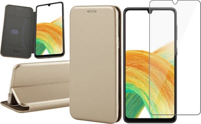 Hoesje geschikt voor Samsung Galaxy A33 - Book Case Kunstlederen Wallet Cover Minimalistisch Pasjeshouder Hoes Goud - Tempered Glass Screenprotector