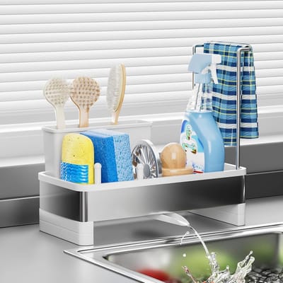 Caddy Keuken Spoel Organiser Roestvrij Staal Spons Houder met Draaibare Afvoer Spoelbak Opgeruimd met Handdoekrek, Borstelrek (Wit)