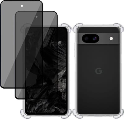 Hoesje + 2x Privé Screenprotector geschikt voor Google Pixel 8a – Privacy Tempered Glass - Case Transparant