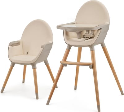 Kinderkraft FINI 2 Kinderstoel 2‑in‑1 – Kunstlederen Bekleding – Verstelbare Tray – Omzetbaar naar Speelfauteuil – Voor 6 Maanden‑5 Jaar – Beige