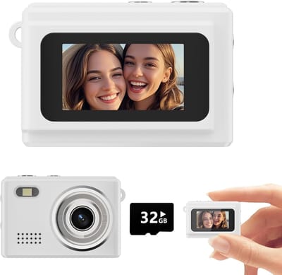 Camera - Digitale camera - Mini-digitale camera - 32GB-kaart - 1080P – Draagkoord & metalen ketting - Vintage - Verjaardagscadeaus voor vrouwen en mannen, afstudeercadeaus voor tieners (meisjes en jongens) - Wit